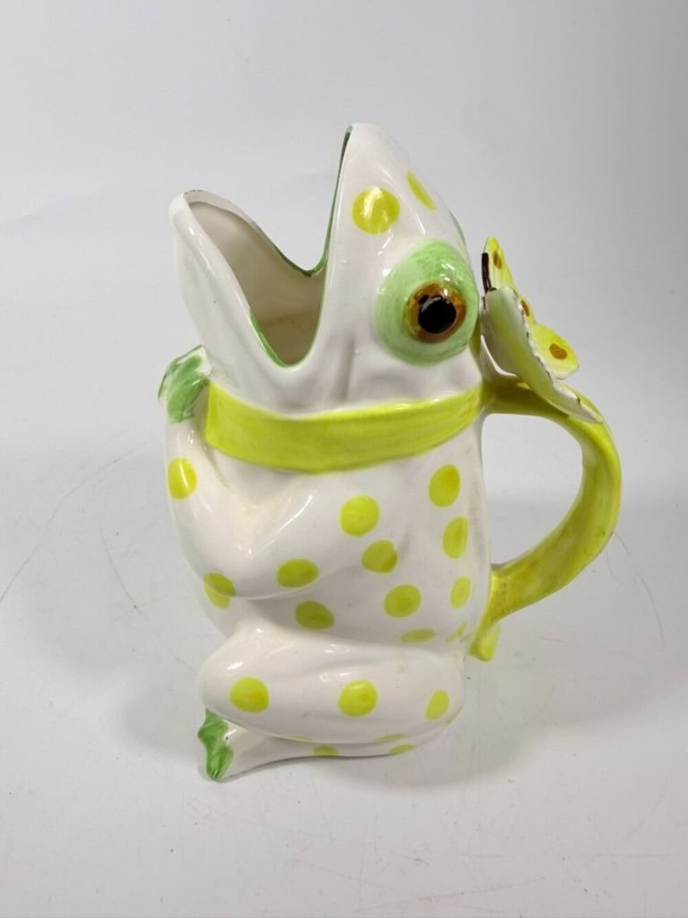 Frog Pitcher Vase Seymour Mann Hand Painted Ceramic Yellow Green Polka Dots Butt - Picture 9 of 16